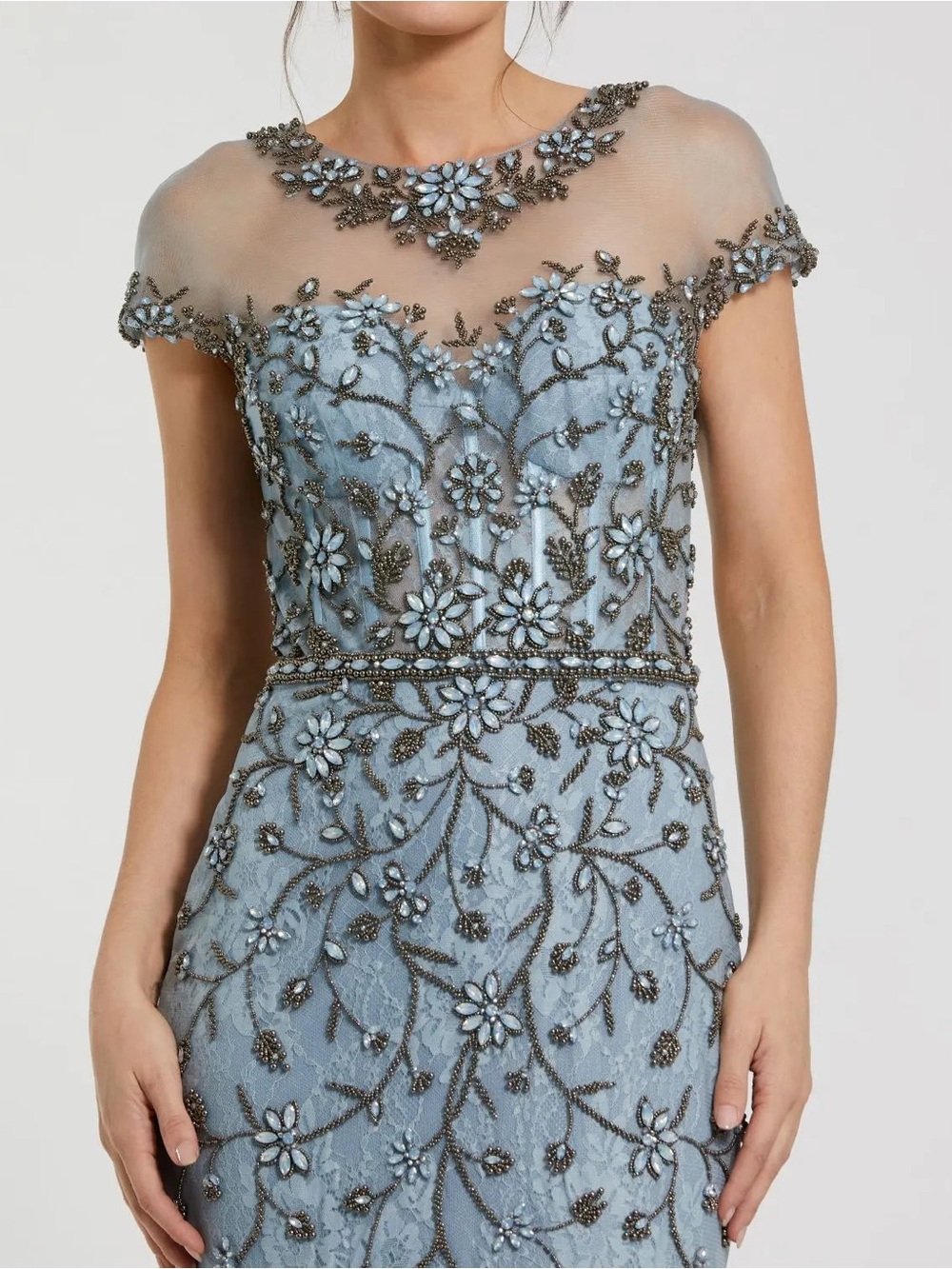 MAC DUGGAL Blue Embellished Lace Evening Gown with Illusion Neckline - Picture 14 of 14
